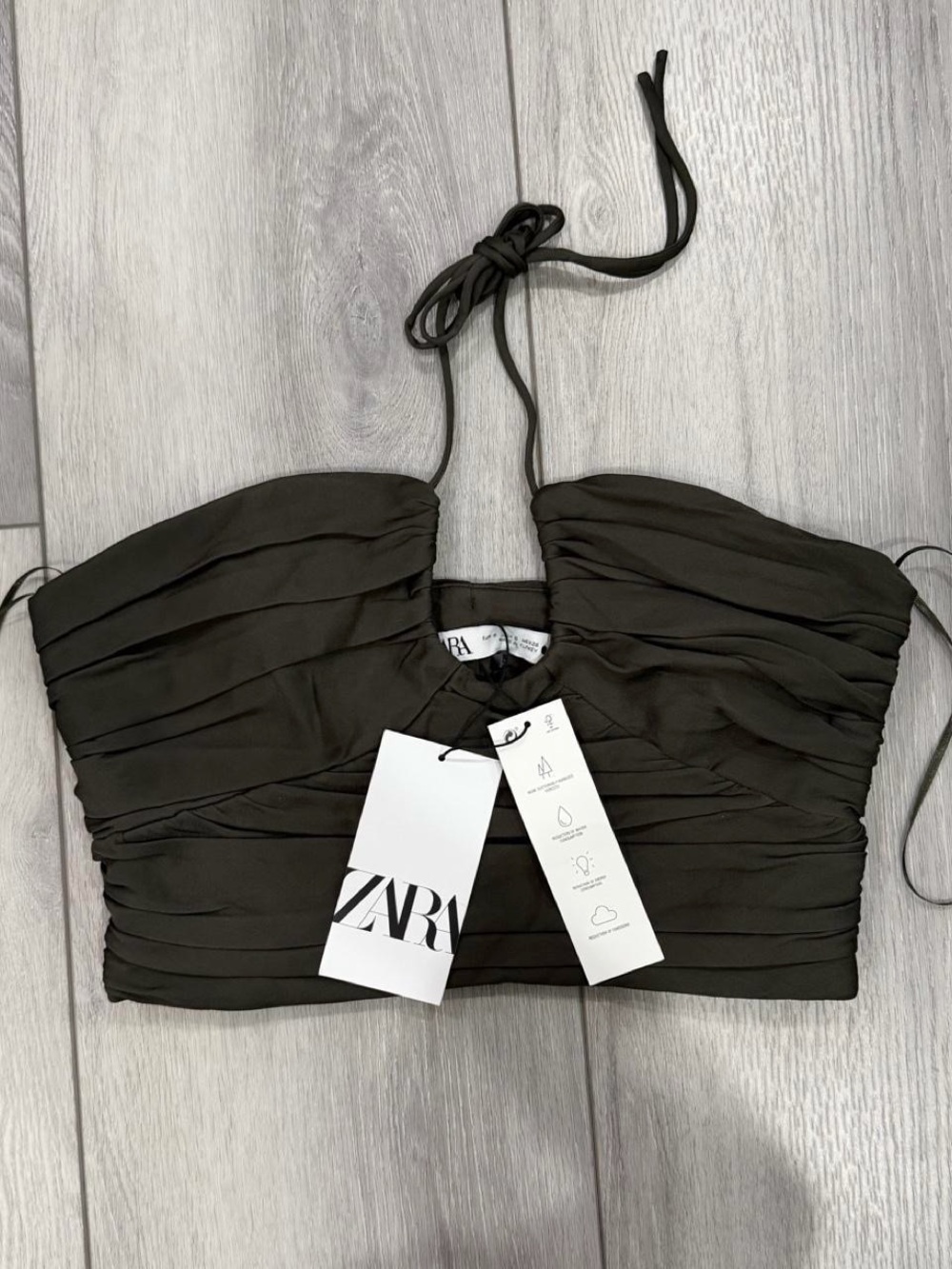 ZARA Satin Effect Draped Halter Top in Dark Olive. *NWT*